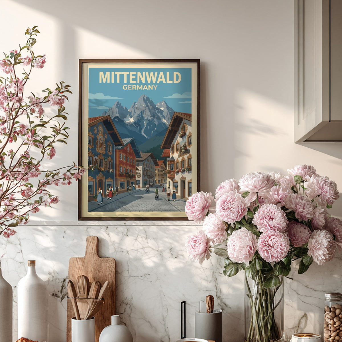 Poster of Mittenwald Germany featuring colorful fresco houses, cobblestone streets, and snowy alpine