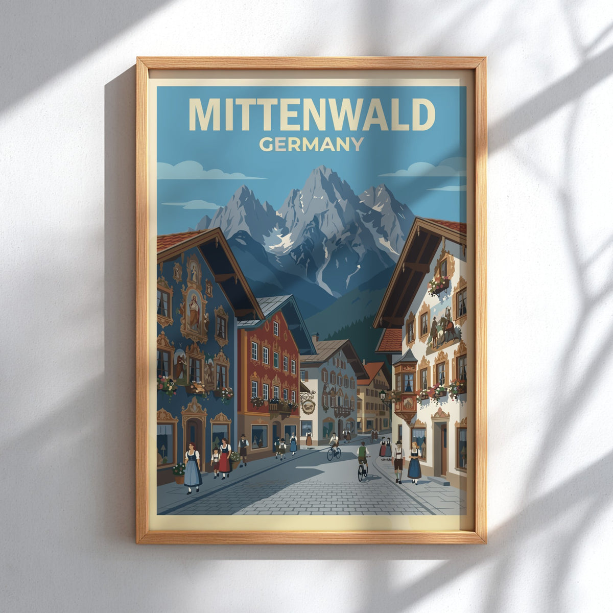 Poster of Mittenwald Germany featuring colorful fresco houses, cobblestone streets, and snowy alpine