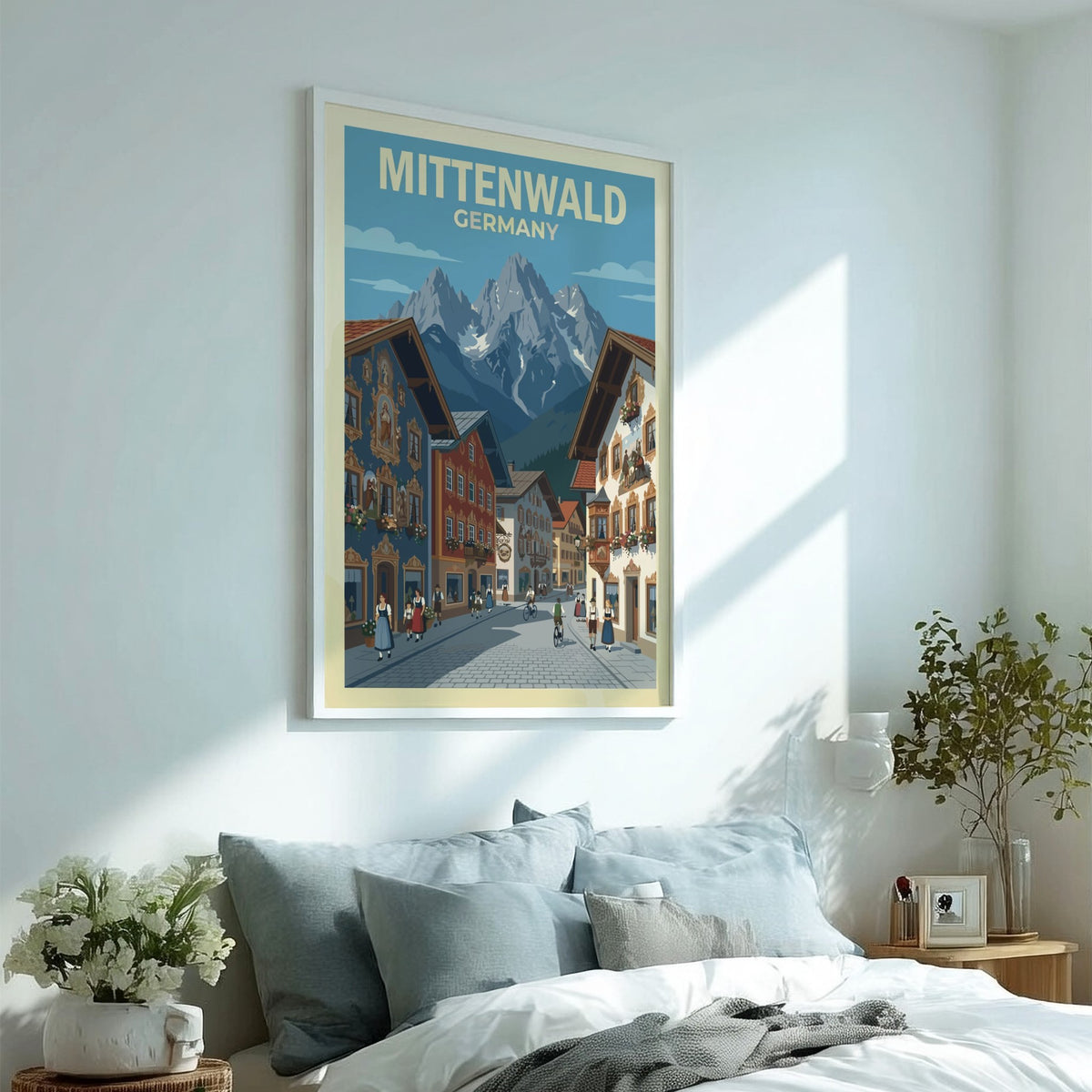 Poster of Mittenwald Germany featuring colorful fresco houses, cobblestone streets, and snowy alpine