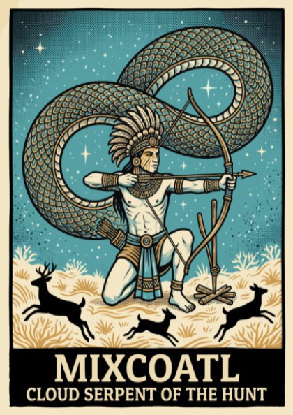 Poster featuring Mixcoatl as a hunter with a bow and a large serpent.