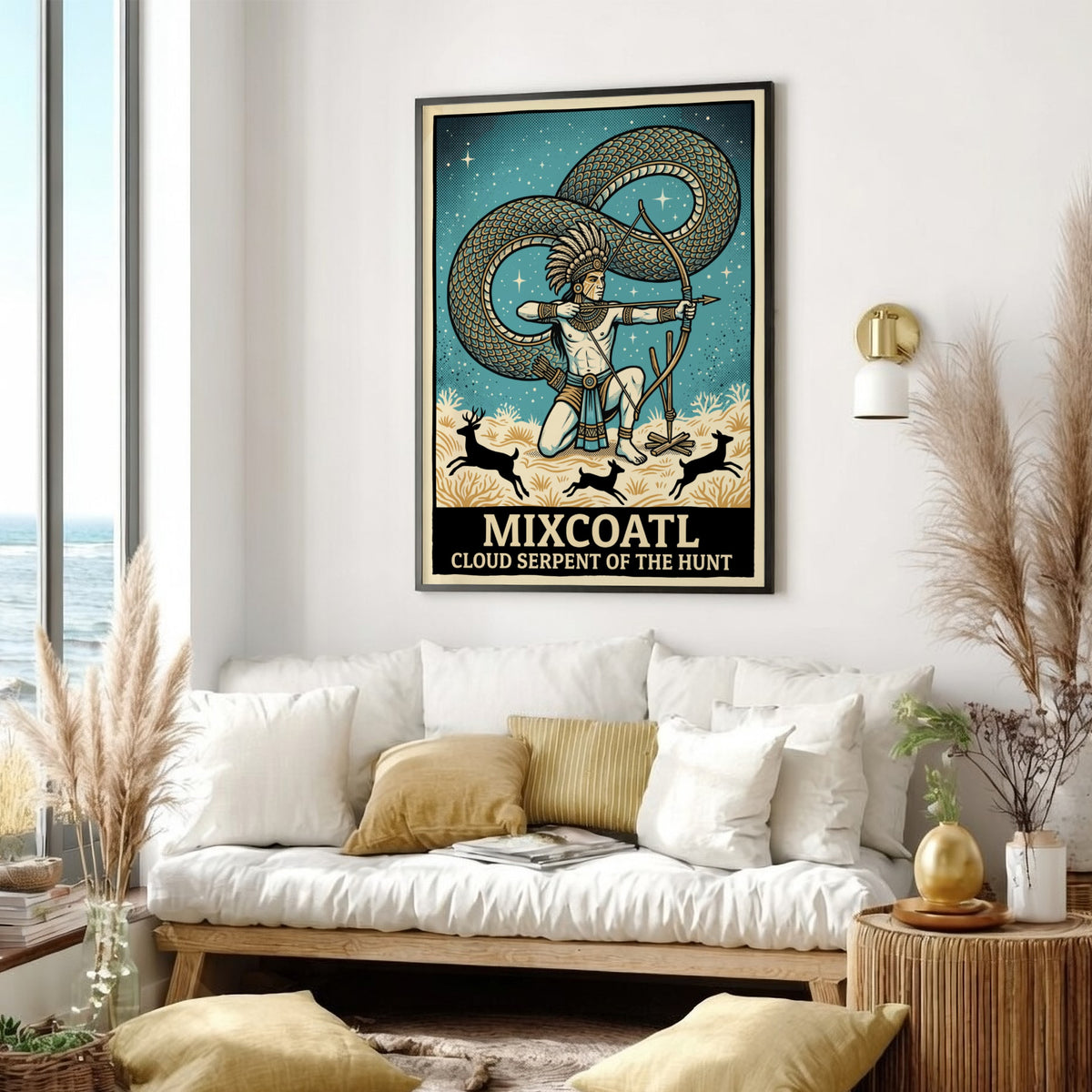 Poster featuring Mixcoatl as a hunter with a bow and a large serpent.