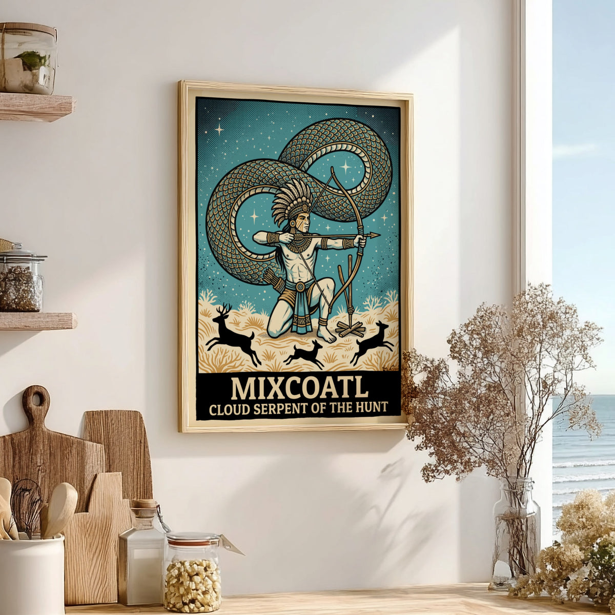 Poster featuring Mixcoatl as a hunter with a bow and a large serpent.