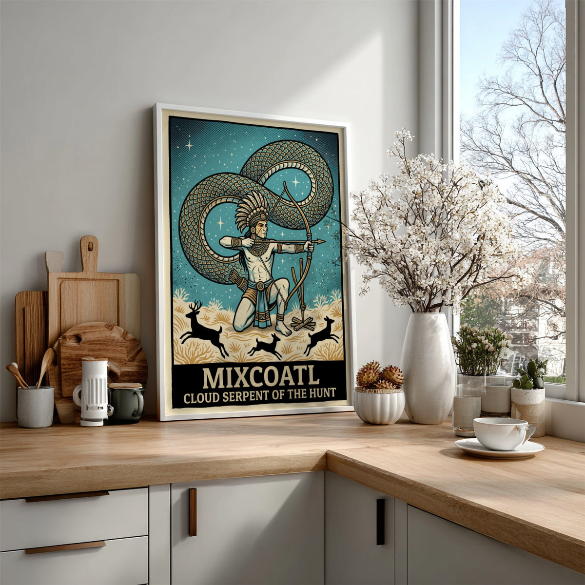 Poster featuring Mixcoatl as a hunter with a bow and a large serpent.