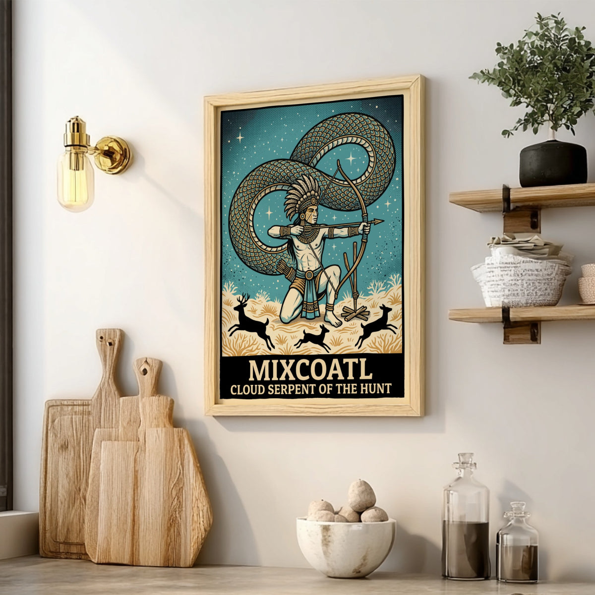 Poster featuring Mixcoatl as a hunter with a bow and a large serpent.