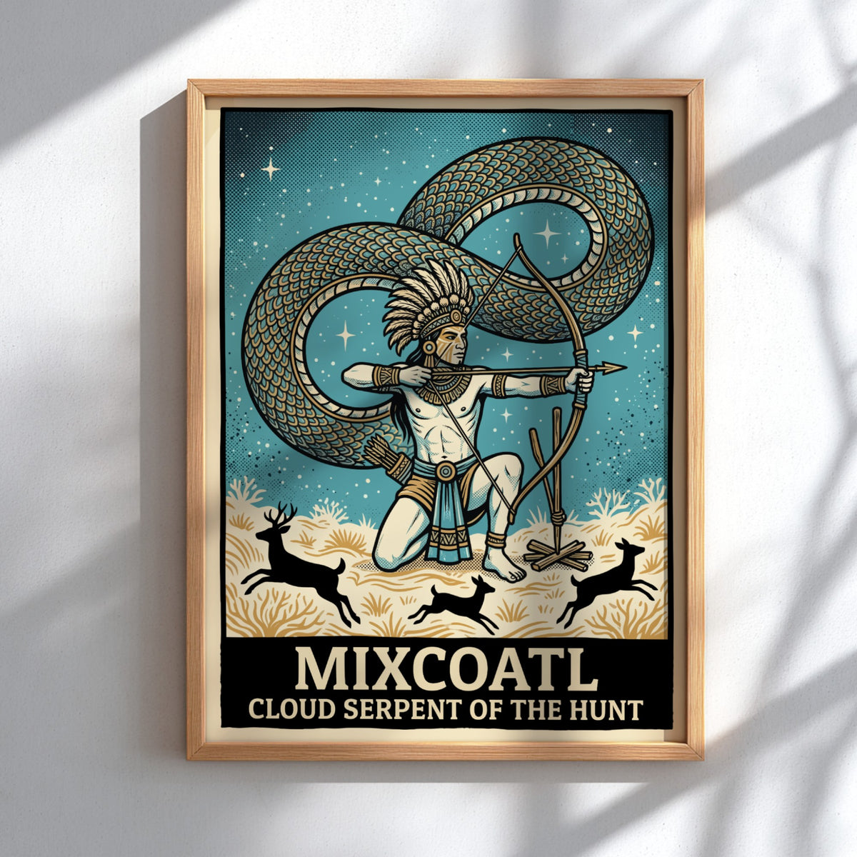Poster featuring Mixcoatl as a hunter with a bow and a large serpent.
