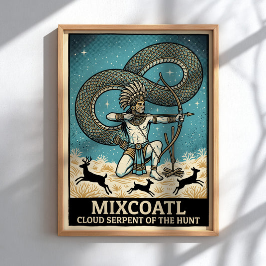Poster featuring Mixcoatl as a hunter with a bow and a large serpent.