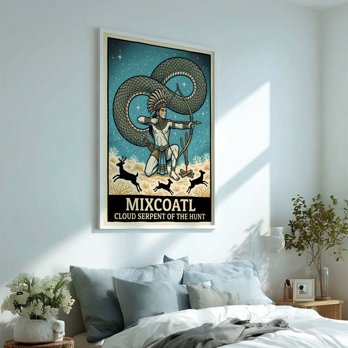 Poster featuring Mixcoatl as a hunter with a bow and a large serpent.