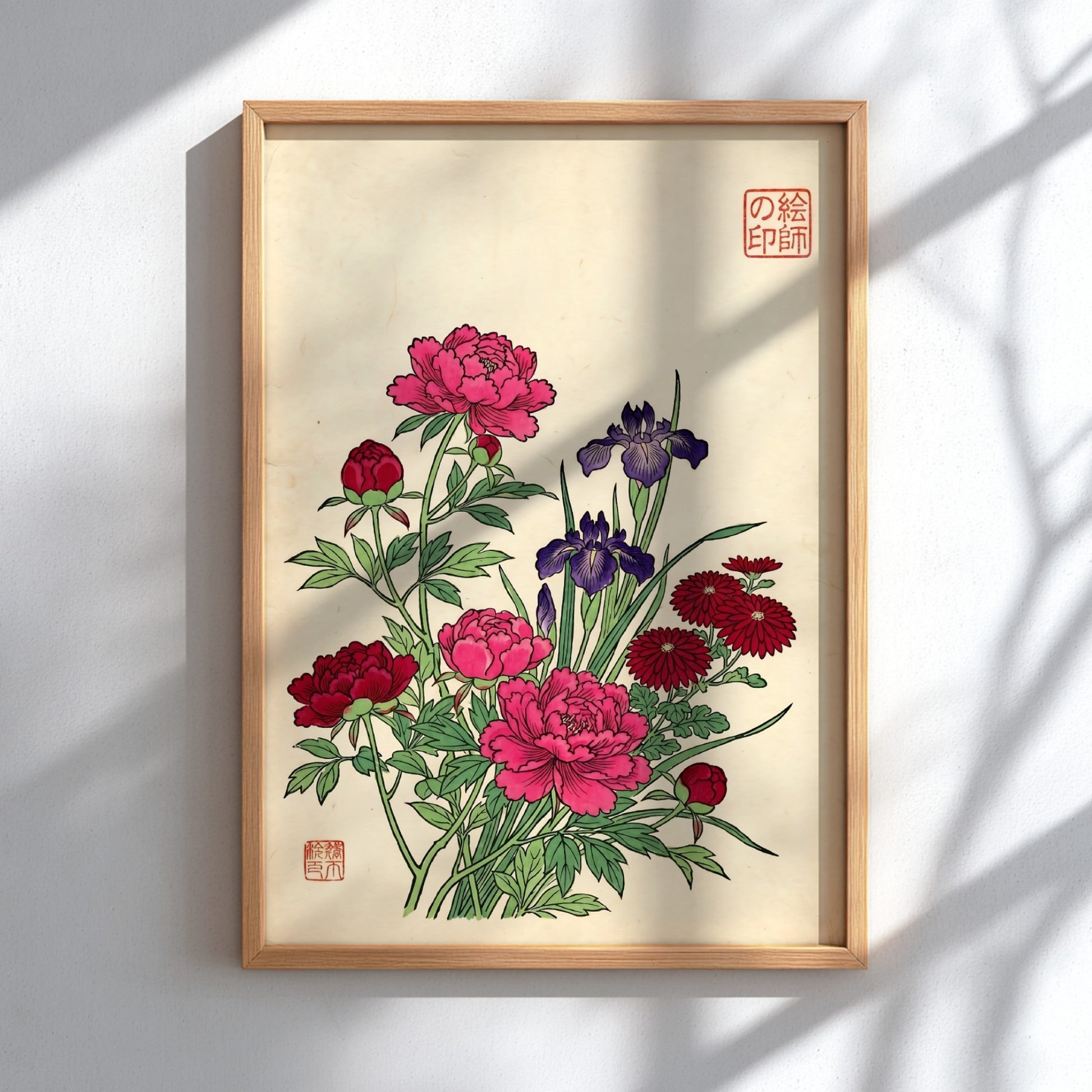 Mixed Flower Bouquet Poster featuring peonies and irises in Japanese art style