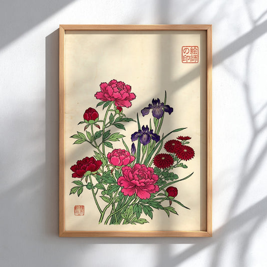 Mixed Flower Bouquet Poster featuring peonies and irises in Japanese art style