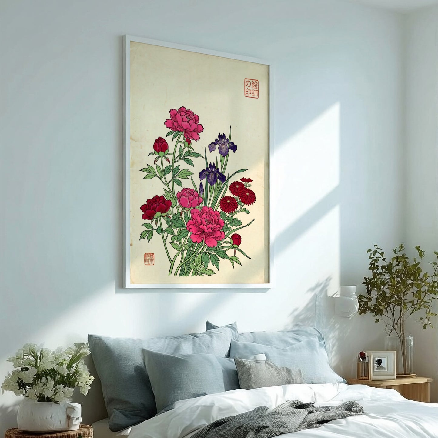 Mixed Flower Bouquet Poster featuring peonies and irises in Japanese art style