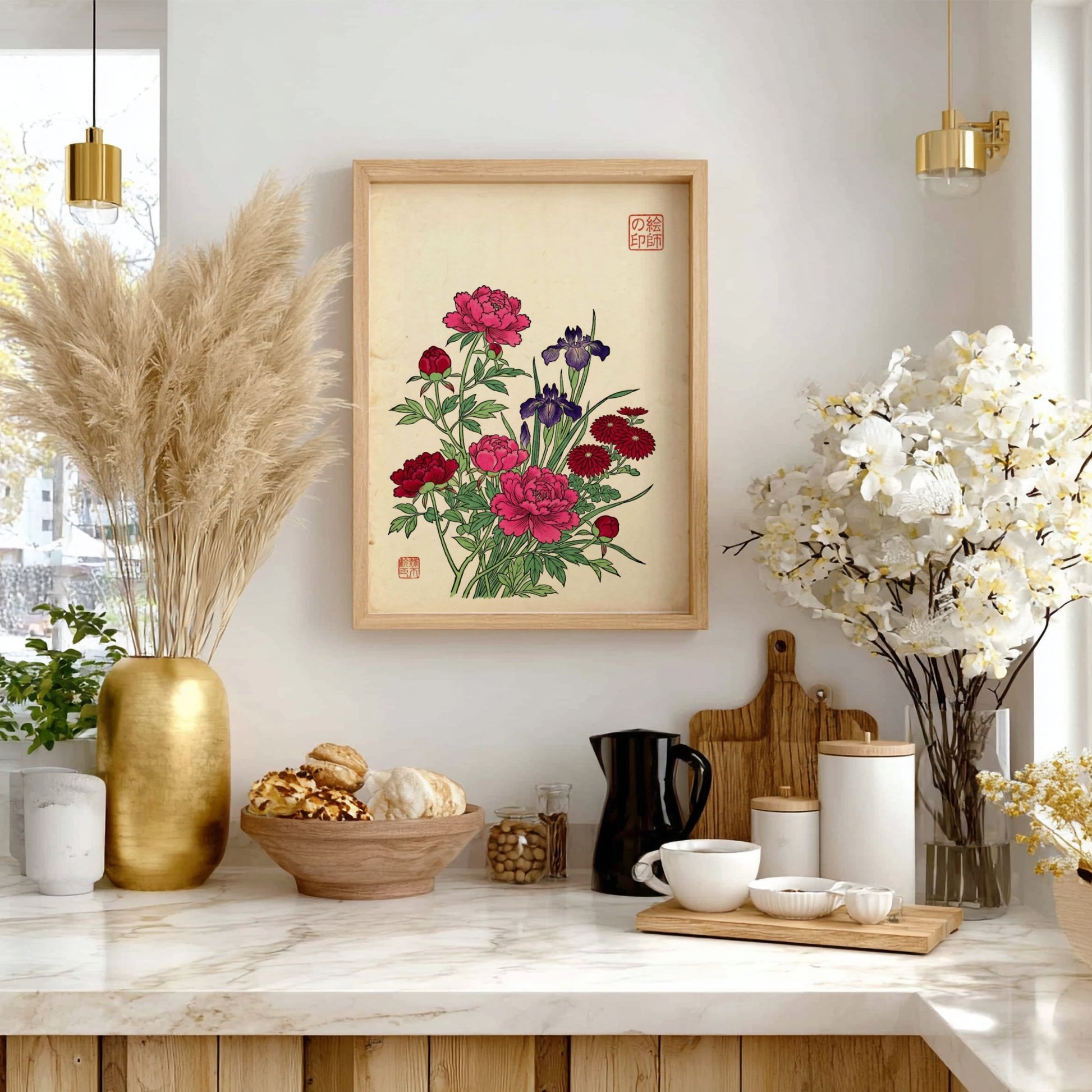 Mixed Flower Bouquet Poster featuring peonies and irises in Japanese art style