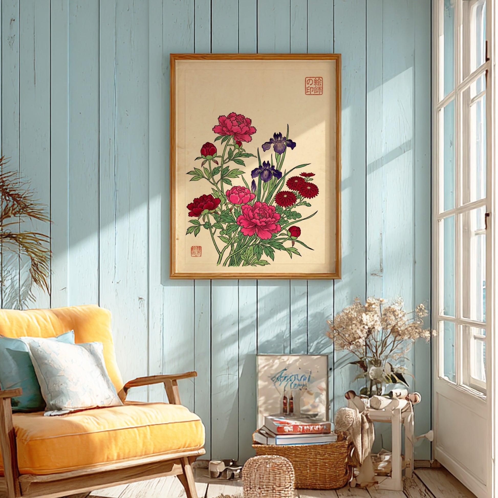 Mixed Flower Bouquet Poster featuring peonies and irises in Japanese art style