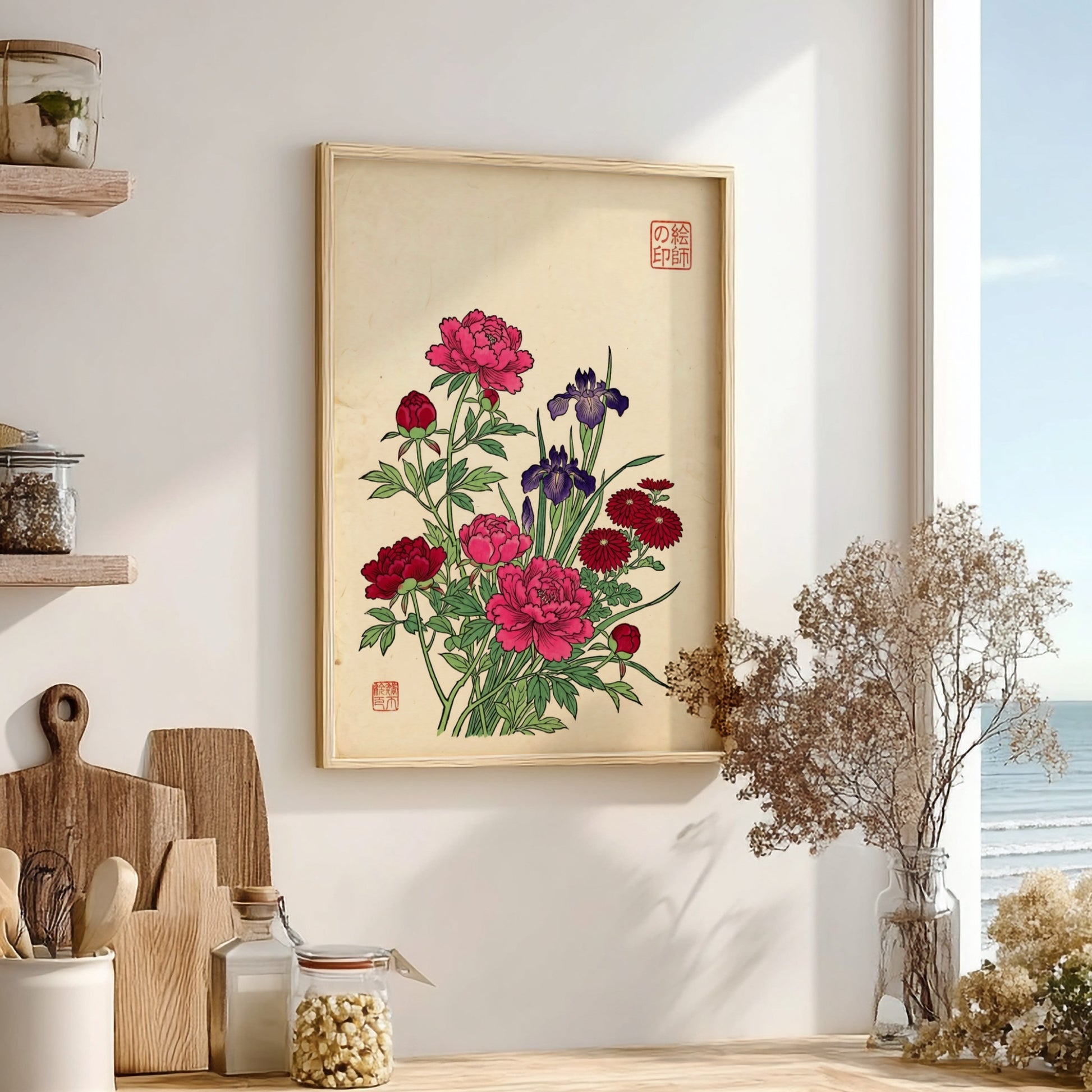 Mixed Flower Bouquet Poster featuring peonies and irises in Japanese art style