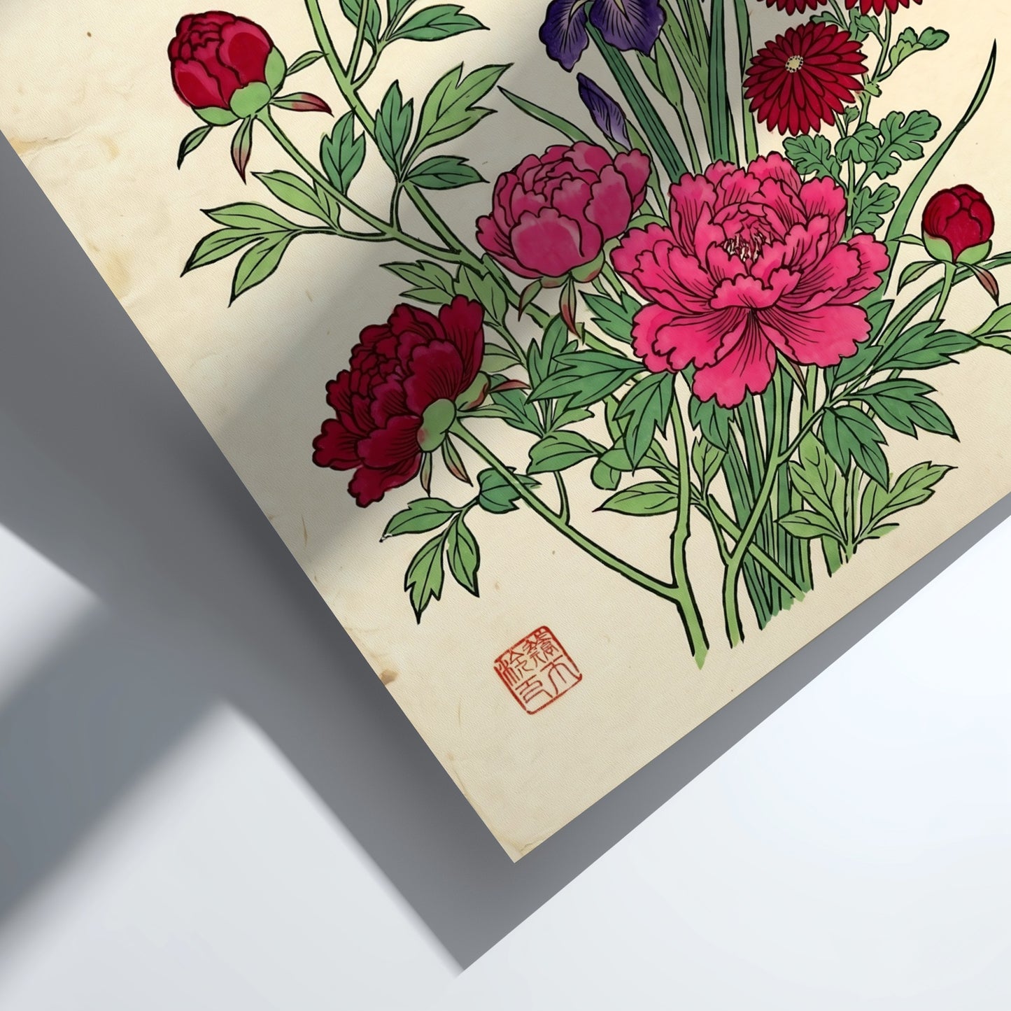 Mixed Flower Bouquet Poster featuring peonies and irises in Japanese art style
