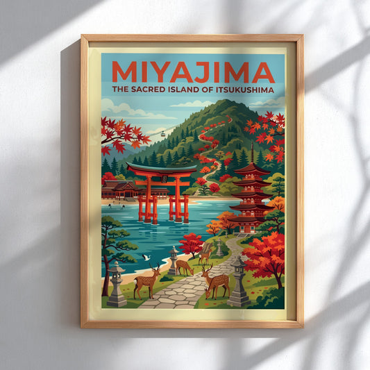 Travel poster of Miyajima featuring a red torii gate, pagoda, deer, and mountains.