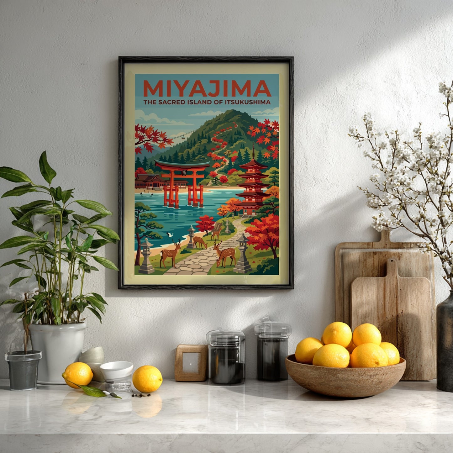 Travel poster of Miyajima featuring a red torii gate, pagoda, deer, and mountains.