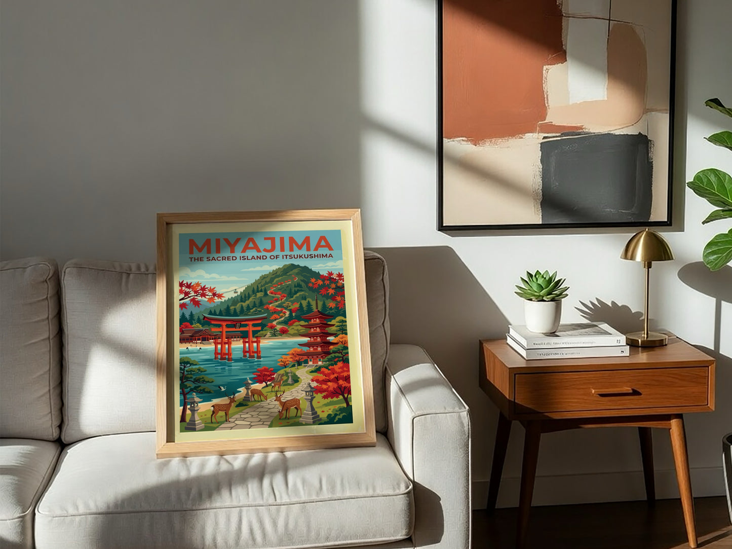 Travel poster of Miyajima featuring a red torii gate, pagoda, deer, and mountains.