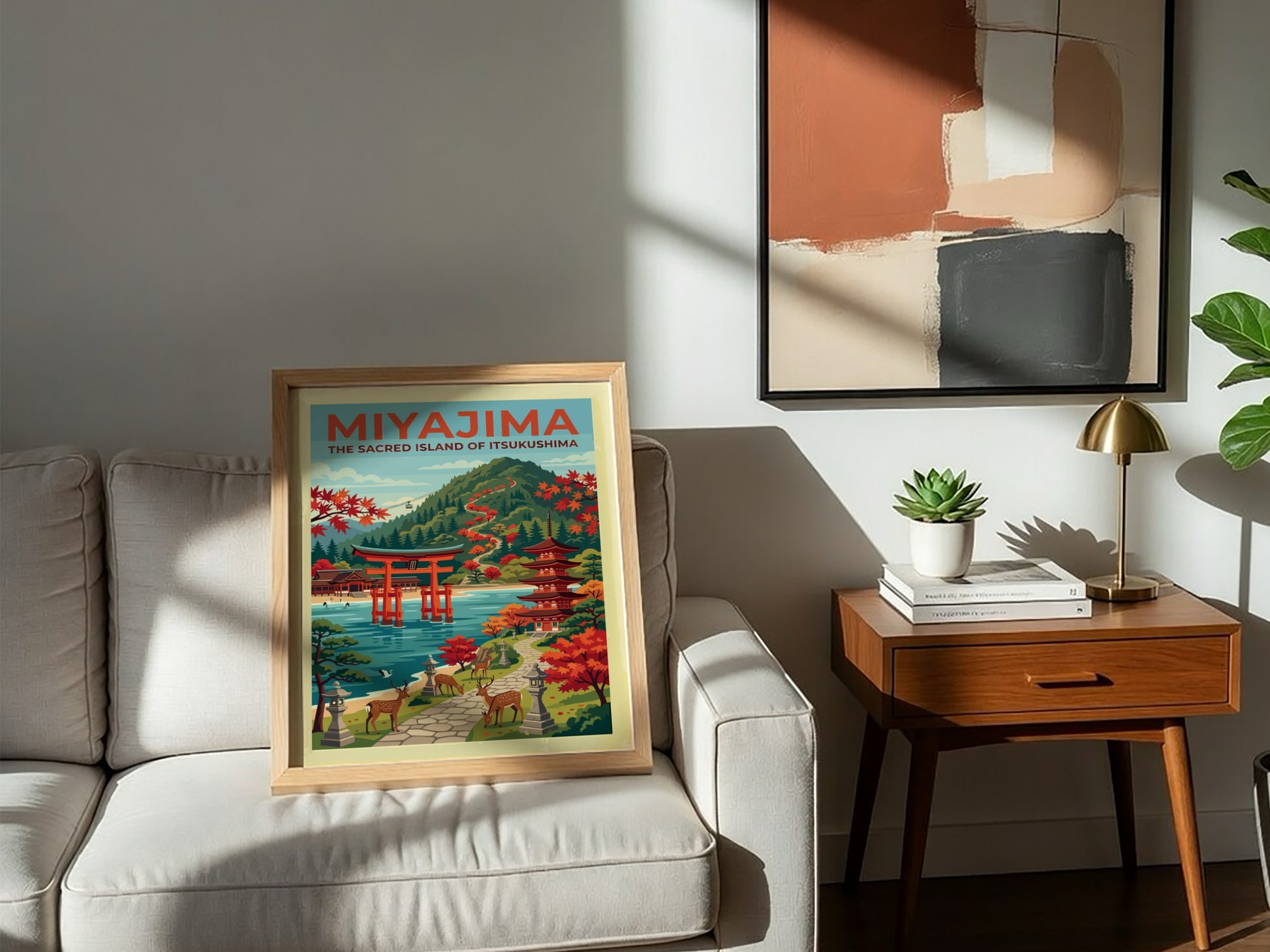 Travel poster of Miyajima featuring a red torii gate, pagoda, deer, and mountains.