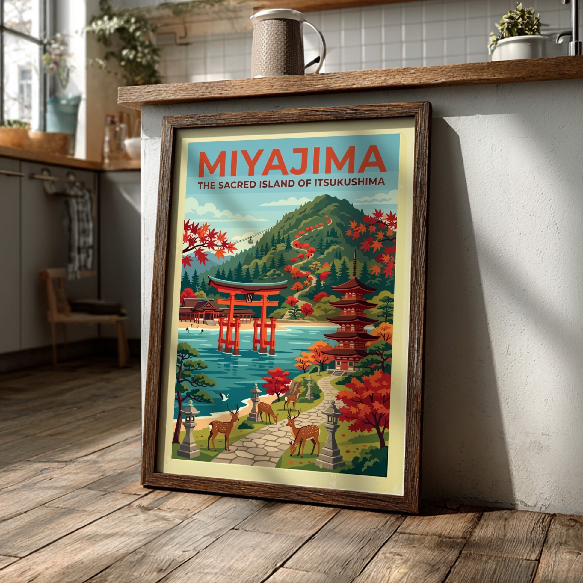 Travel poster of Miyajima featuring a red torii gate, pagoda, deer, and mountains.