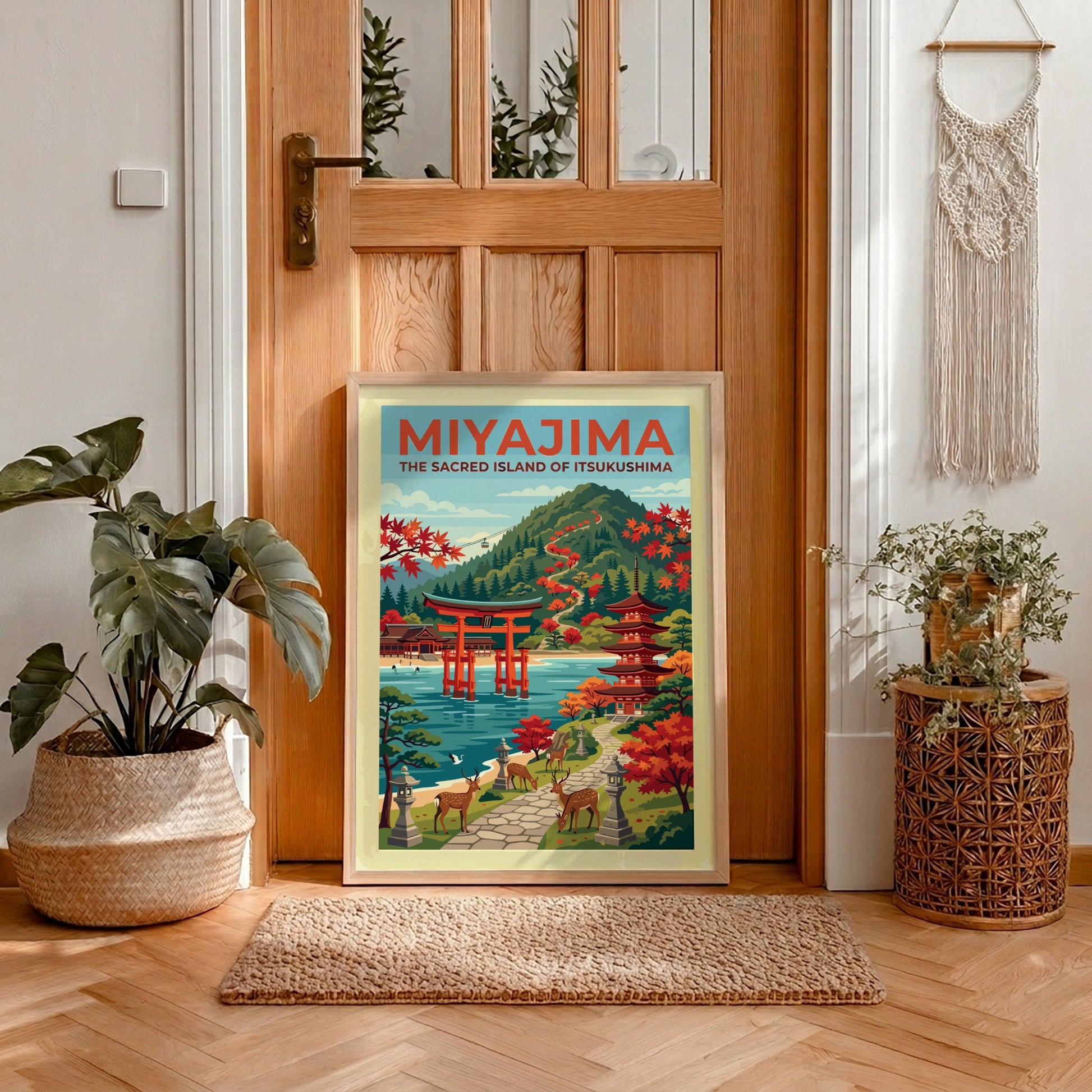 Travel poster of Miyajima featuring a red torii gate, pagoda, deer, and mountains.