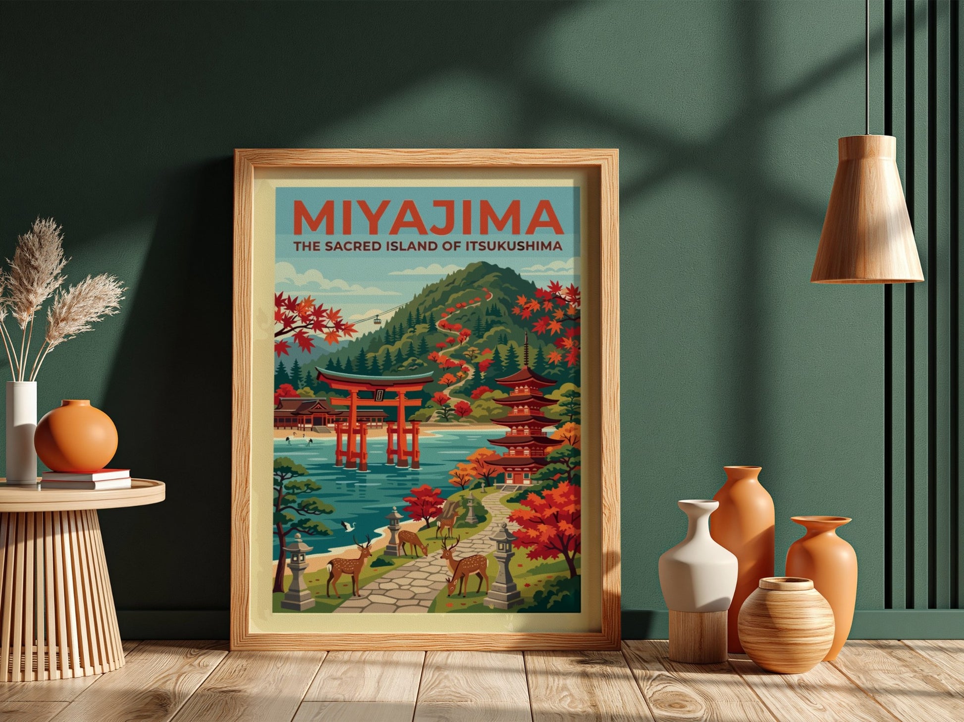 Travel poster of Miyajima featuring a red torii gate, pagoda, deer, and mountains.