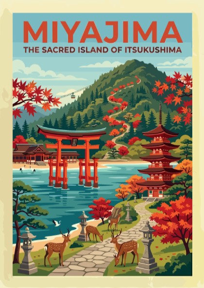 Travel poster of Miyajima featuring a red torii gate, pagoda, deer, and mountains.