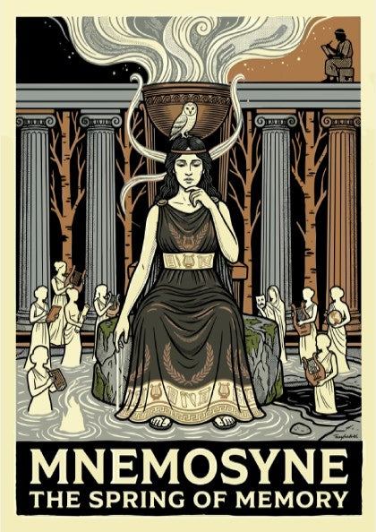 Mnemosyne Greek mythology poster featuring the goddess of memory, classical columns, and an owl. Earthy tones.