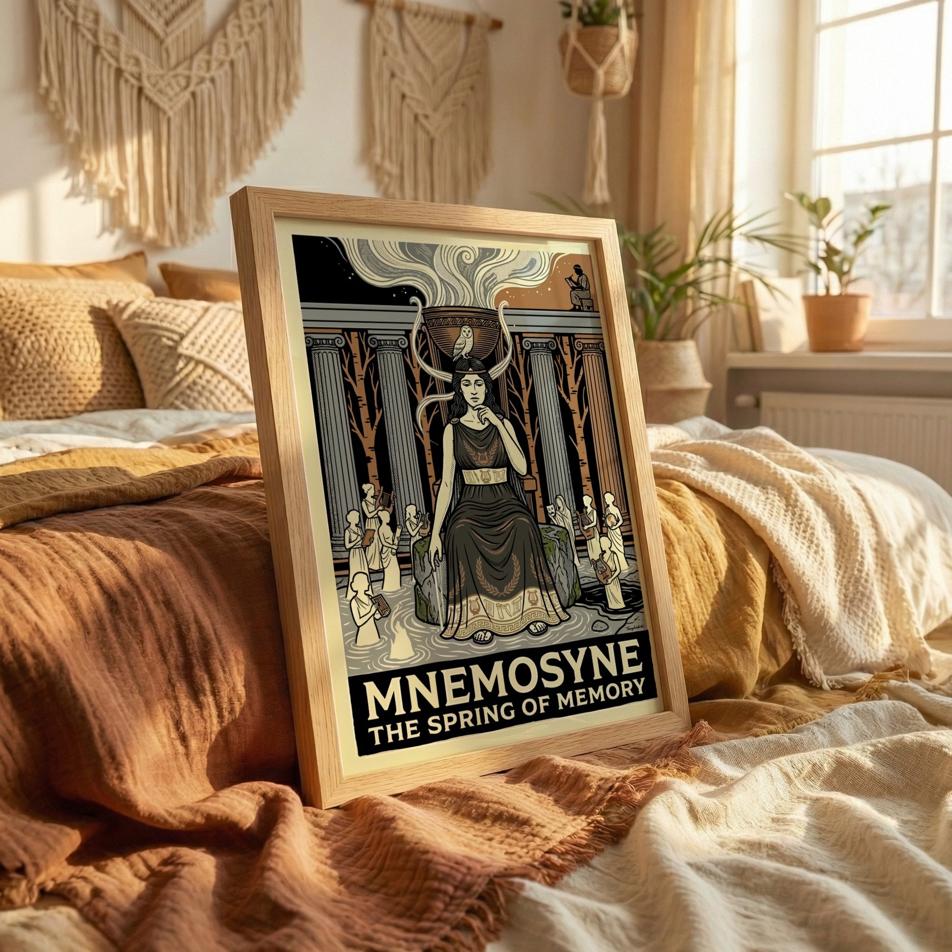 Mnemosyne Greek mythology poster featuring the goddess of memory, classical columns, and an owl. Earthy tones.
