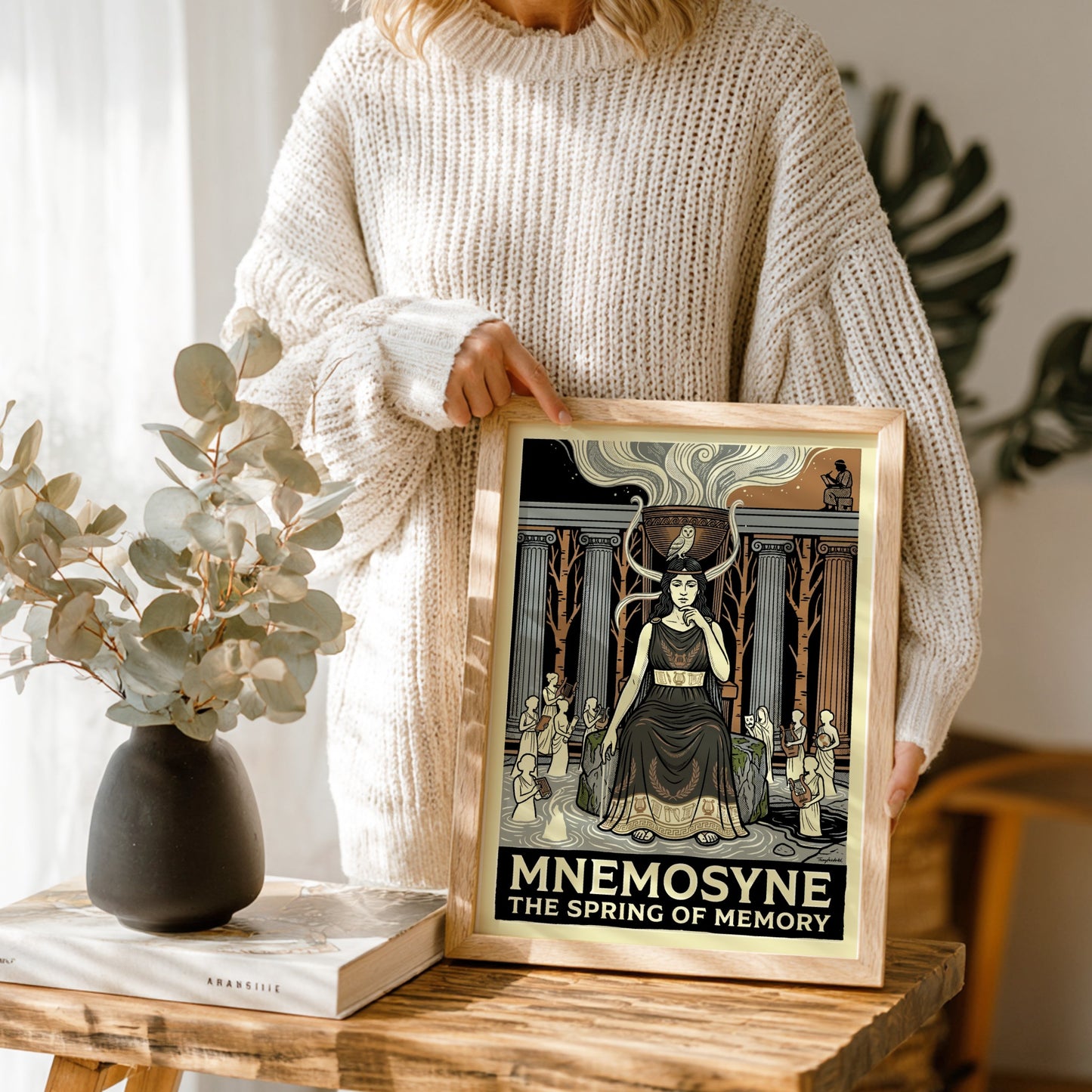 Mnemosyne Greek mythology poster featuring the goddess of memory, classical columns, and an owl. Earthy tones.