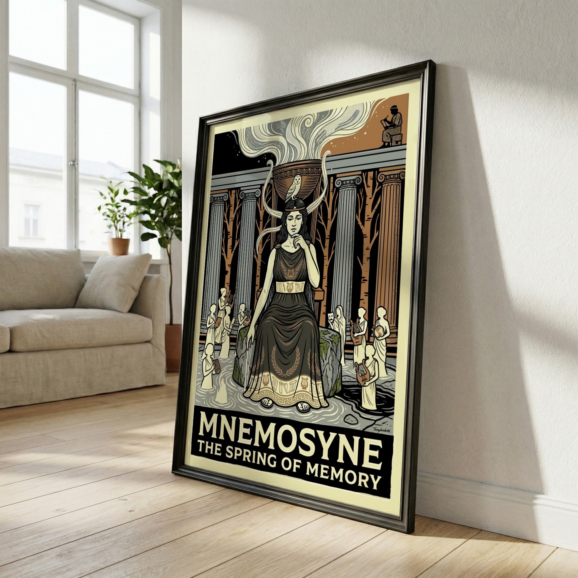 Mnemosyne Greek mythology poster featuring the goddess of memory, classical columns, and an owl. Earthy tones.