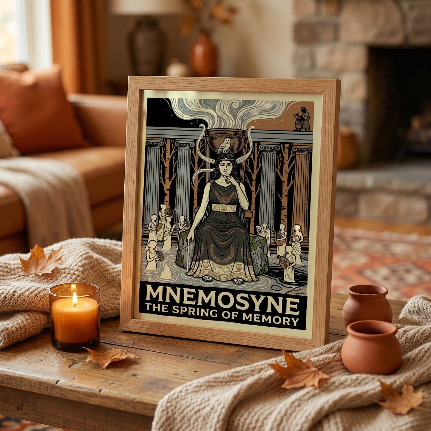 Mnemosyne Greek mythology poster featuring the goddess of memory, classical columns, and an owl. Earthy tones.