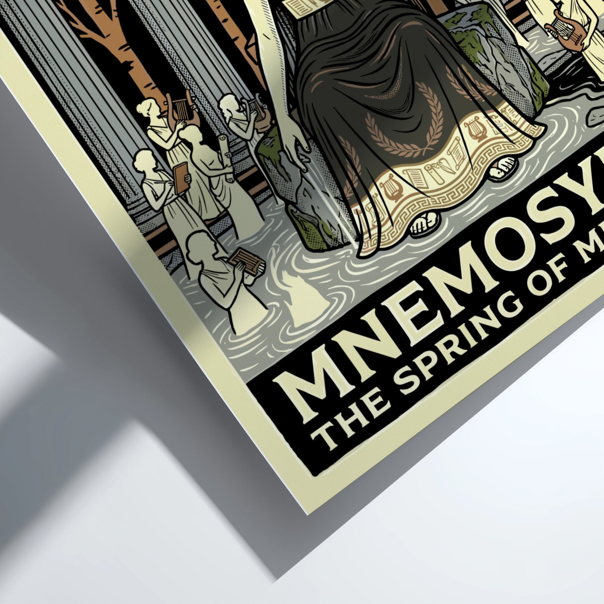 Mnemosyne Greek mythology poster featuring the goddess of memory, classical columns, and an owl. Earthy tones.