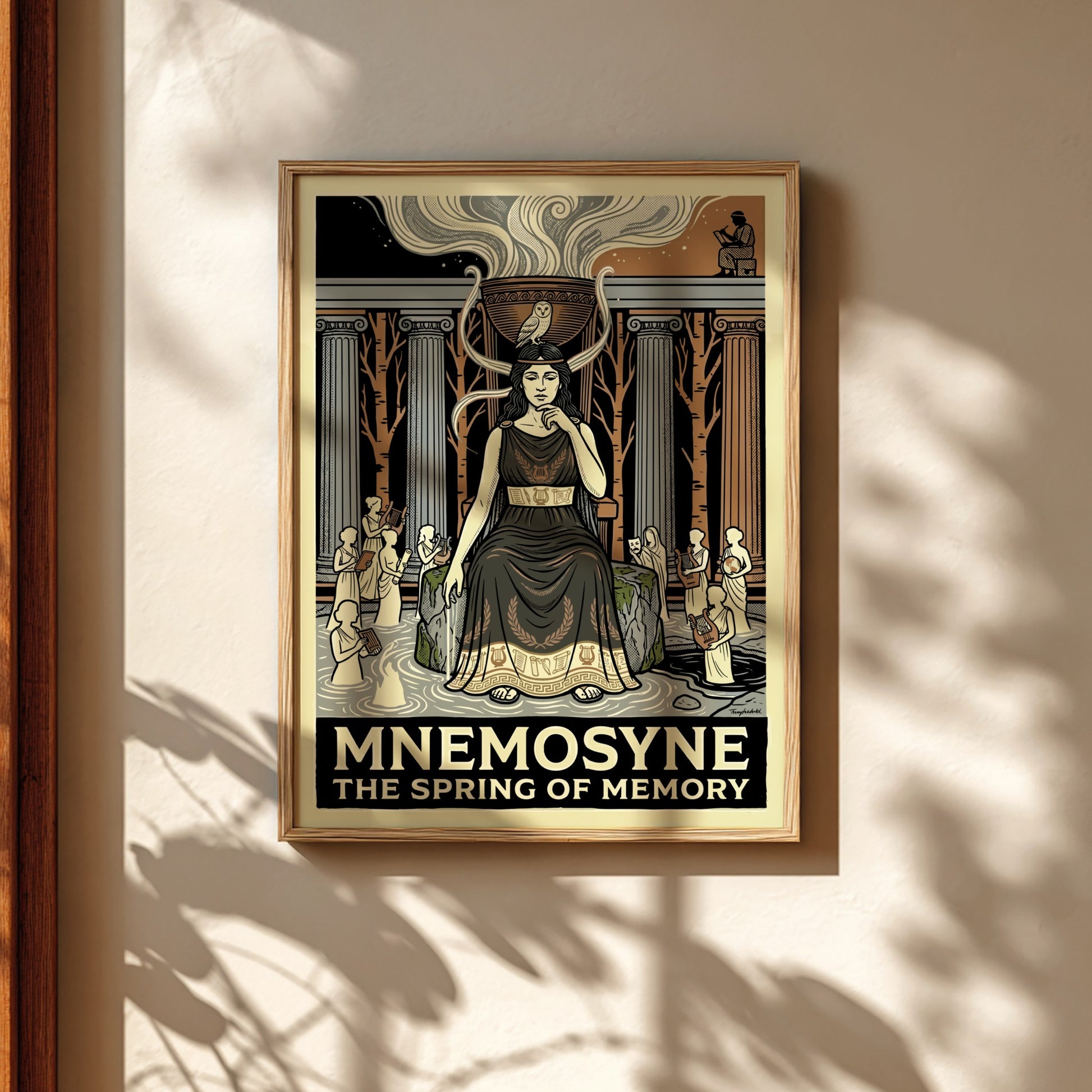 Mnemosyne Greek mythology poster featuring the goddess of memory, classical columns, and an owl. Earthy tones.