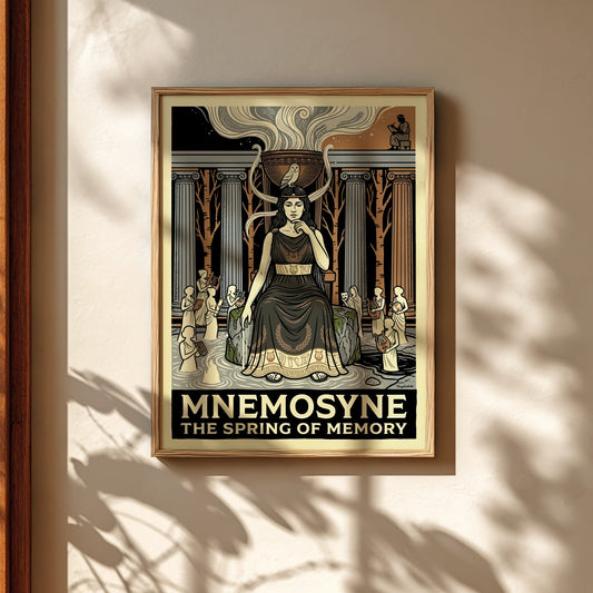 Mnemosyne Greek mythology poster featuring the goddess of memory, classical columns, and an owl. Earthy tones.