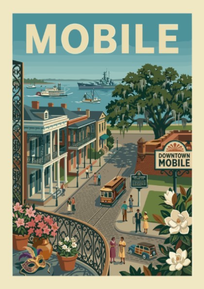 Vintage Mobile waterfront poster with historic buildings, trolley, and ships in a muted color palette.