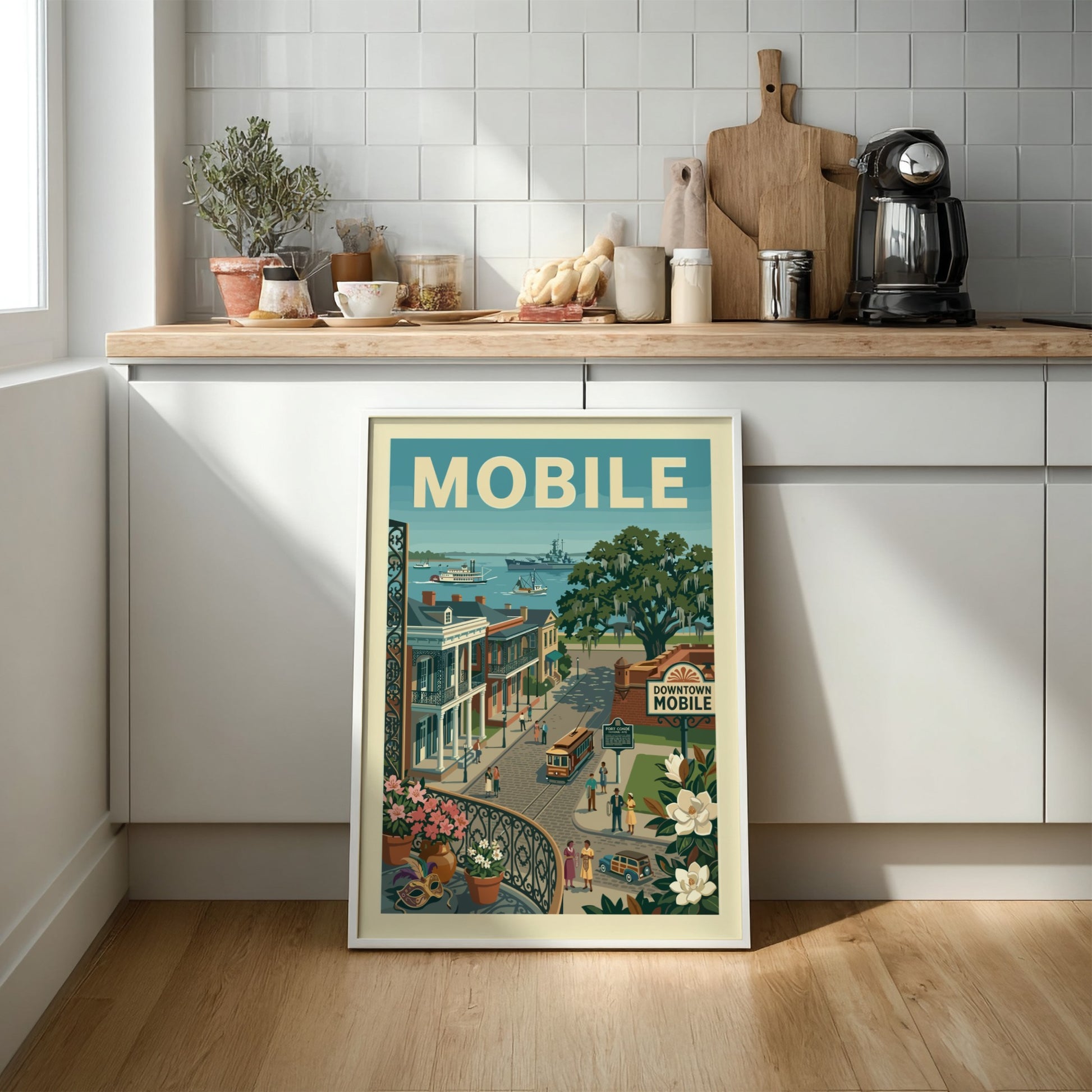 Vintage Mobile waterfront poster with historic buildings, trolley, and ships in a muted color palette.