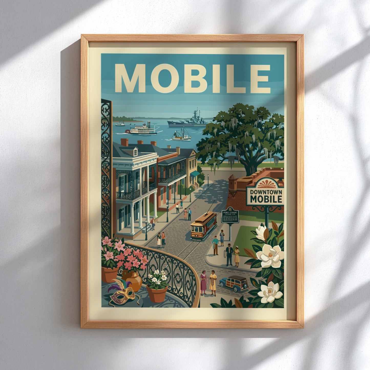 Vintage Mobile waterfront poster with historic buildings, trolley, and ships in a muted color palette.