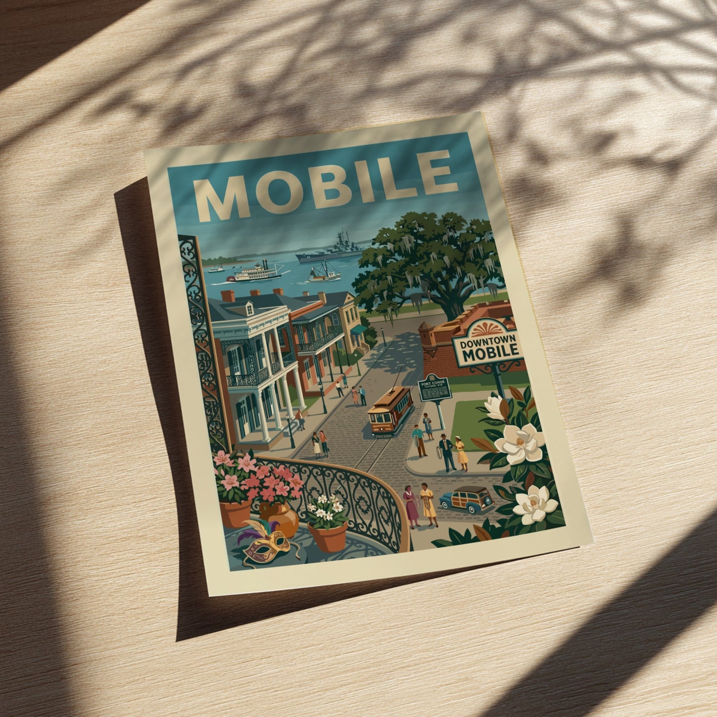 Vintage Mobile waterfront poster with historic buildings, trolley, and ships in a muted color palette.