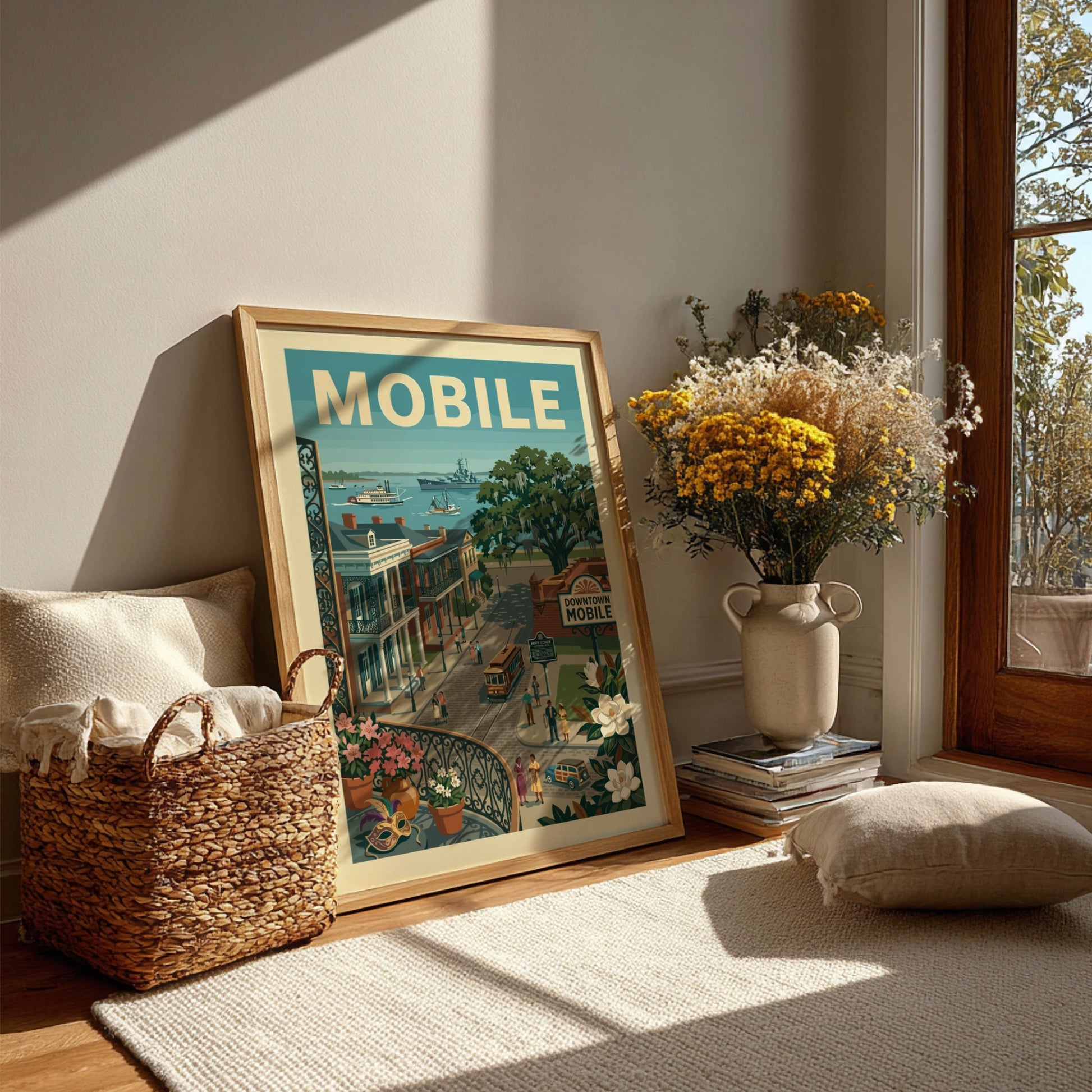Vintage Mobile waterfront poster with historic buildings, trolley, and ships in a muted color palette.