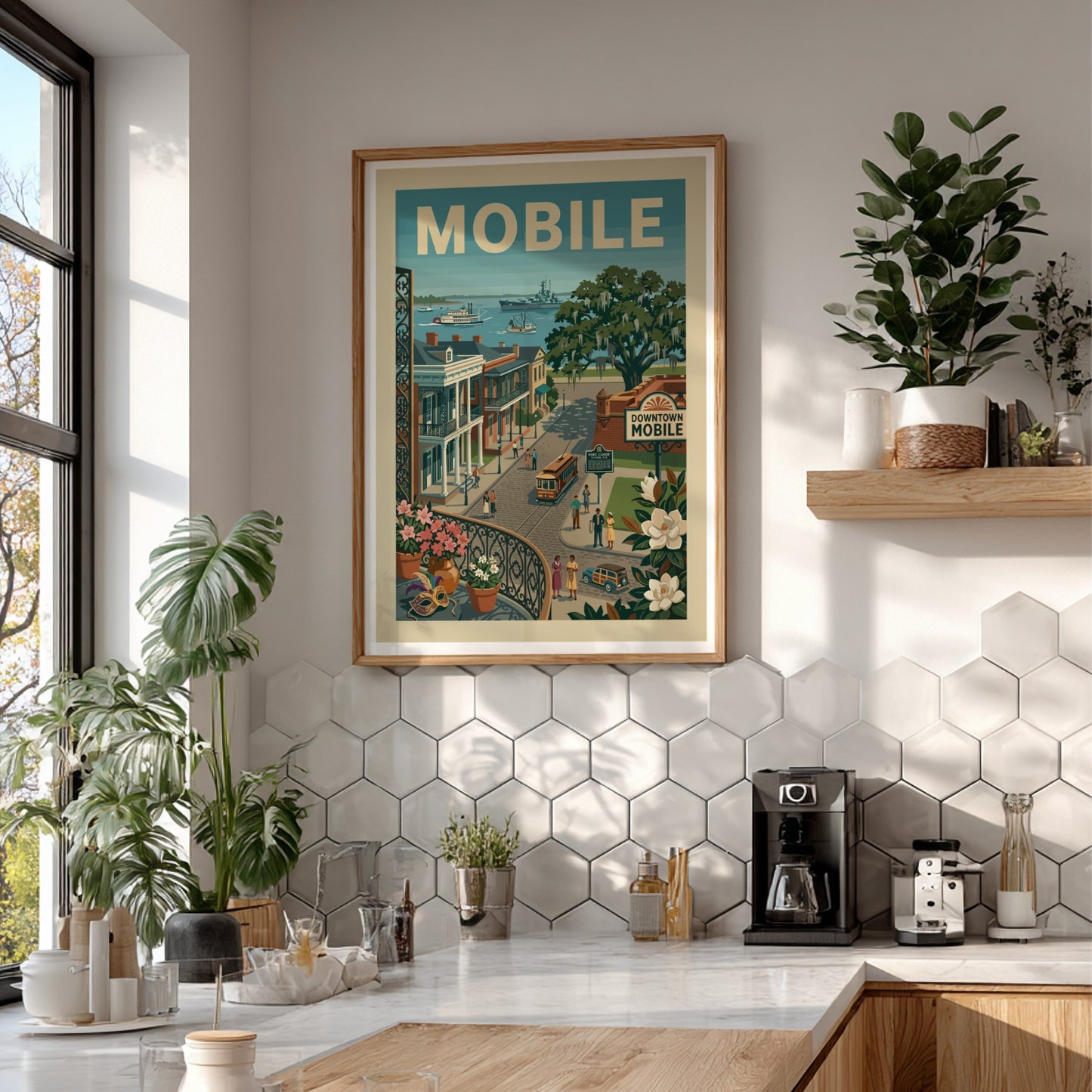 Vintage Mobile waterfront poster with historic buildings, trolley, and ships in a muted color palette.