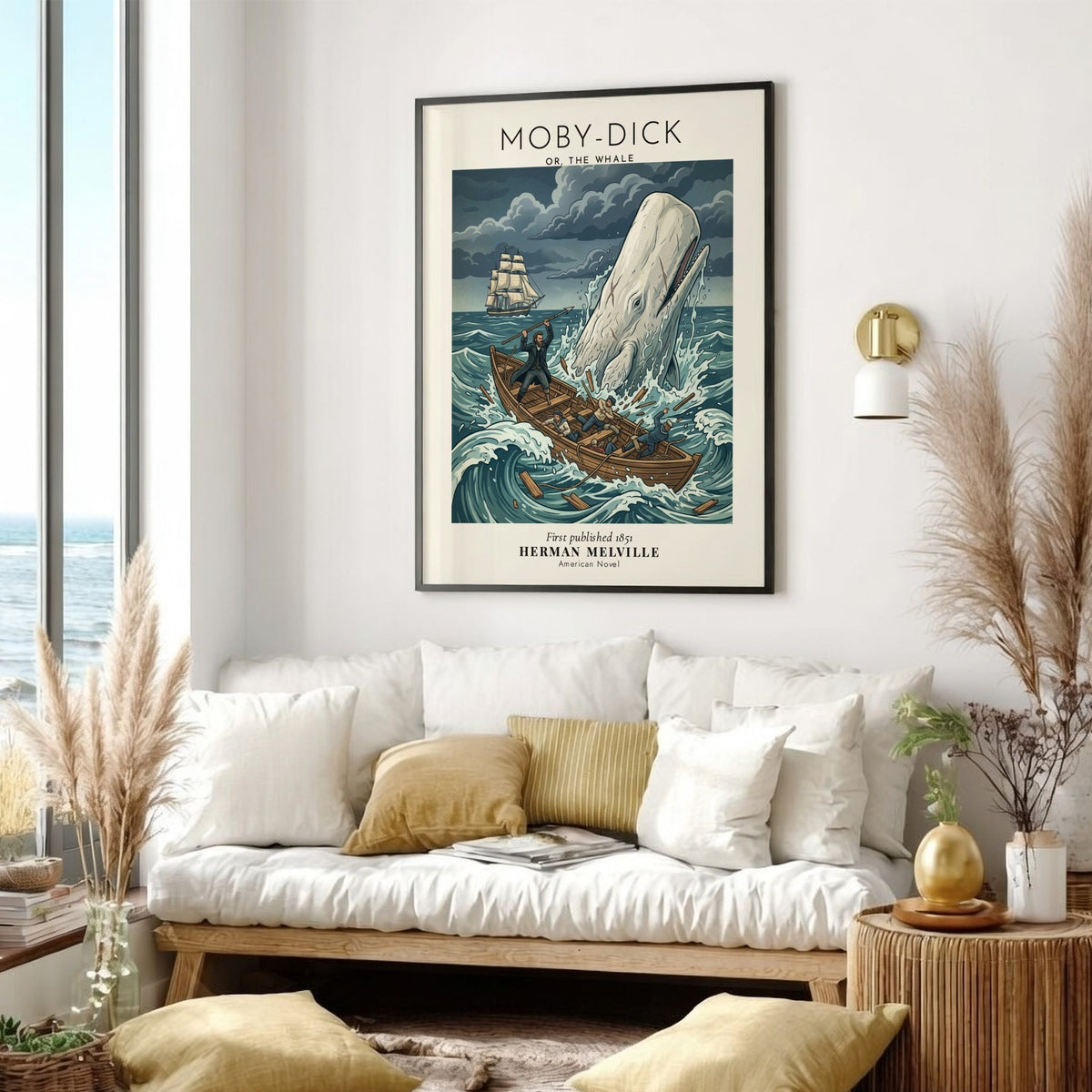 Poster featuring a giant white whale attacking a wooden boat in stormy seas.