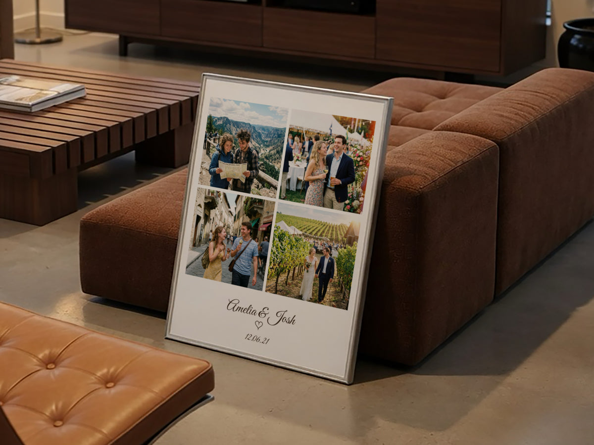 Personalised Photo Grid and Date Poster shown as a flat print mockup