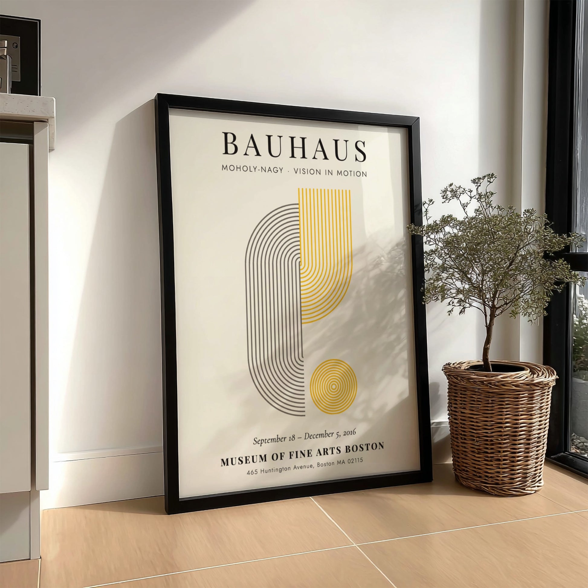 Bauhaus poster featuring geometric shapes and vibrant colors in a modern design style