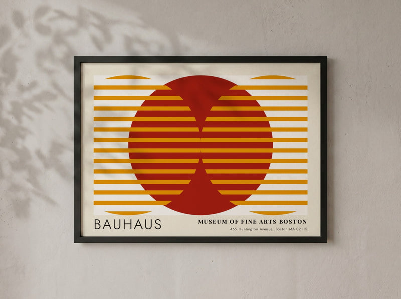 Wall art poster featuring Moholy-Nagy Vision in Motion design with red and ochre geometric lines.