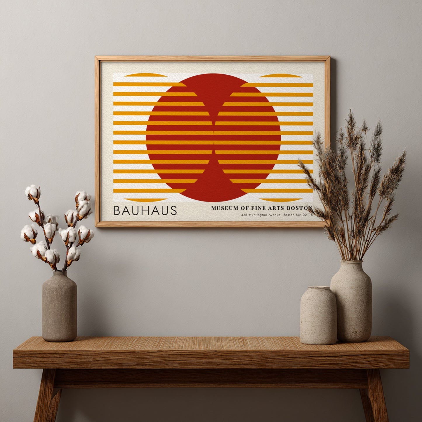Wall art poster featuring Moholy-Nagy Vision in Motion design with red and ochre geometric lines.