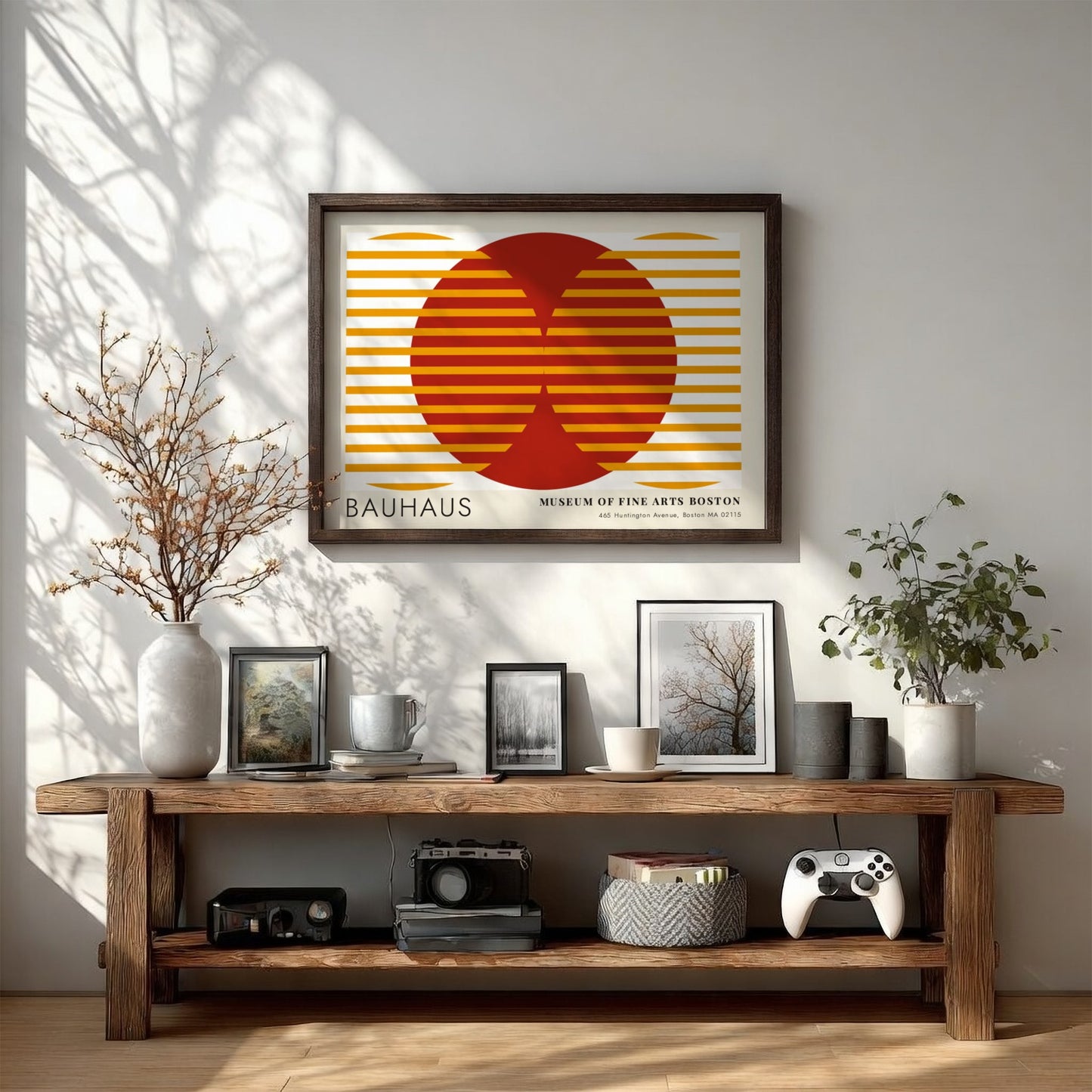 Wall art poster featuring Moholy-Nagy Vision in Motion design with red and ochre geometric lines.