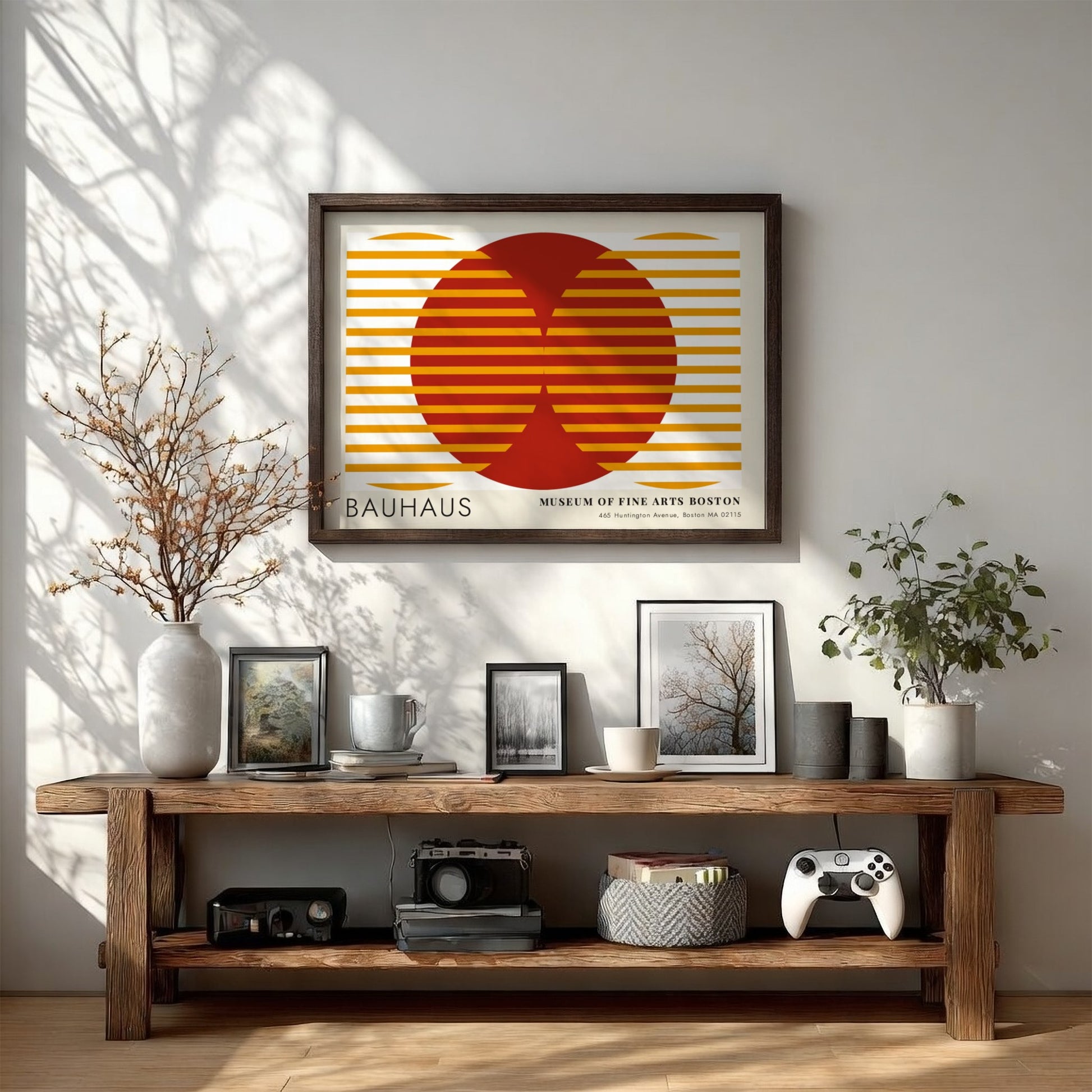 Wall art poster featuring Moholy-Nagy Vision in Motion design with red and ochre geometric lines.
