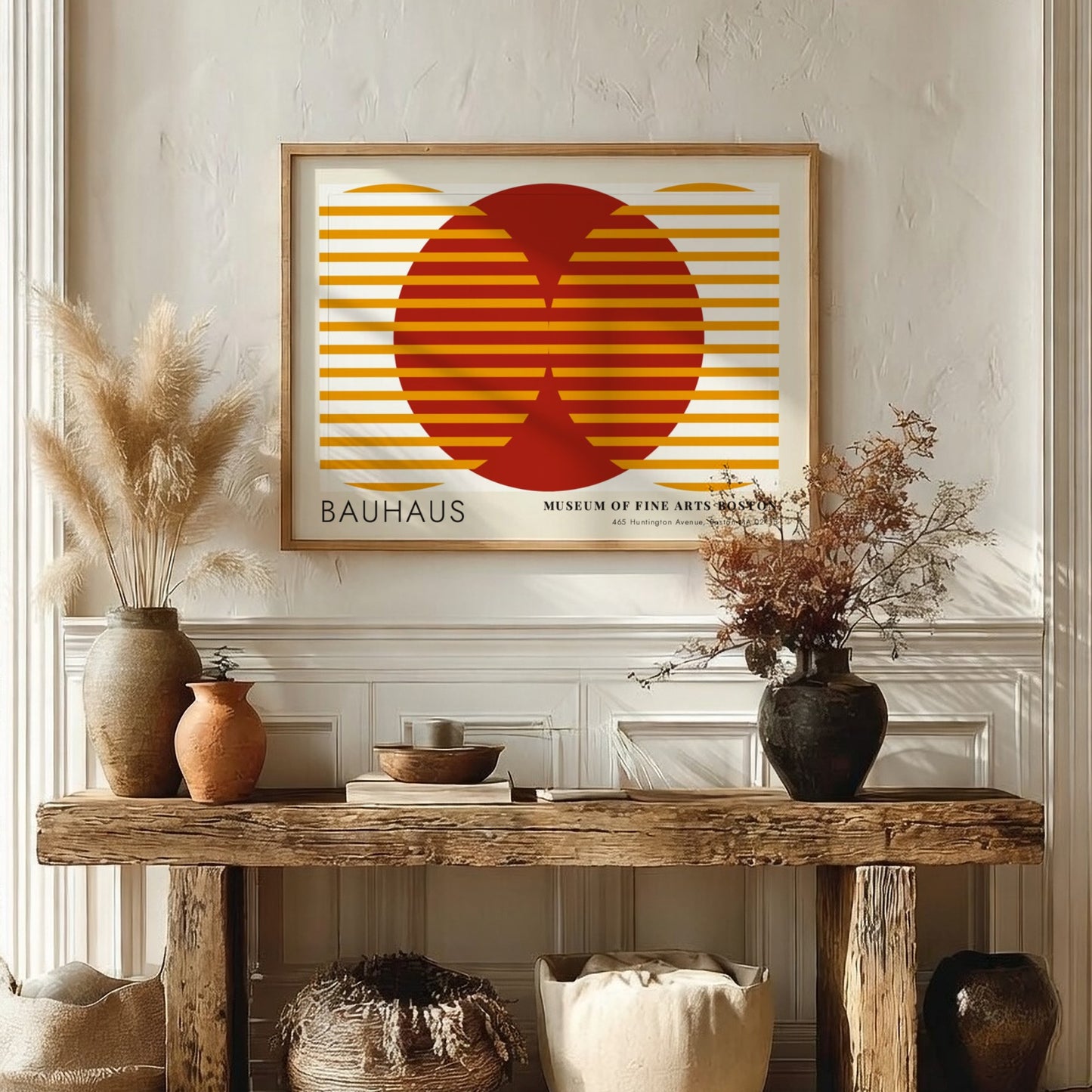 Wall art poster featuring Moholy-Nagy Vision in Motion design with red and ochre geometric lines.