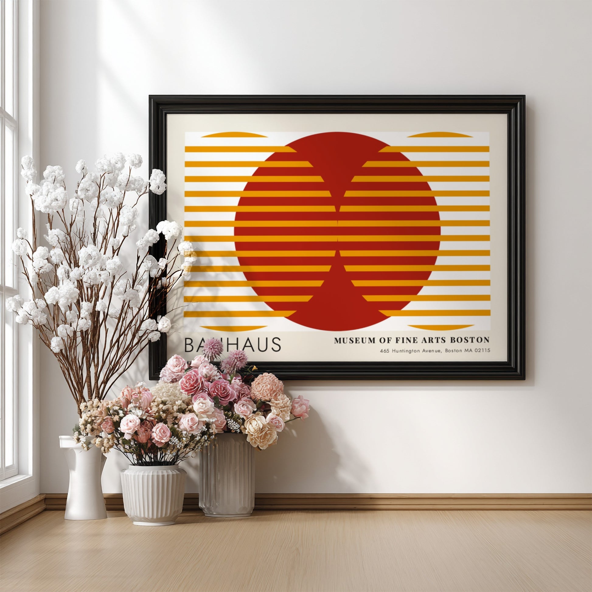 Wall art poster featuring Moholy-Nagy Vision in Motion design with red and ochre geometric lines.