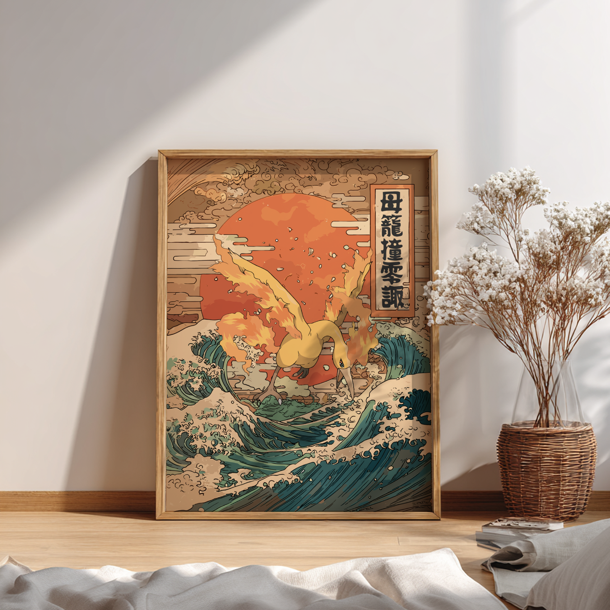 Framed artwork of Moltres Pokemon on a wave with a plant in the background